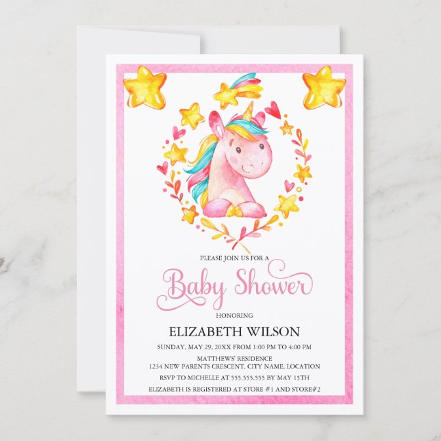 Flicka Vattenfärg Enhörning Baby Shower Inbjudningar (Framsida)