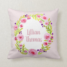 Flicka vattenfärg Flower Wandeand & Namn Nursery Kudde