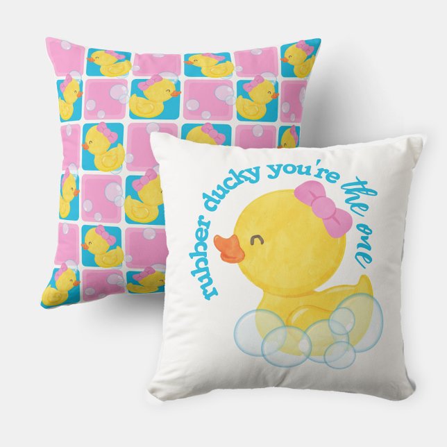 Flicka Vattenfärg Gummi Anka Du är den enda Kudde (Girl Watercolor Rubber Ducky You're the One Throw Pillow for Nursery or Bedroom)