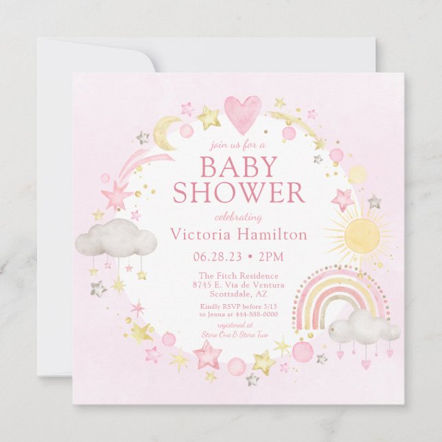Flicka Vattenfärg Regnbåge Baby Shower Inbjudningar (Framsida)