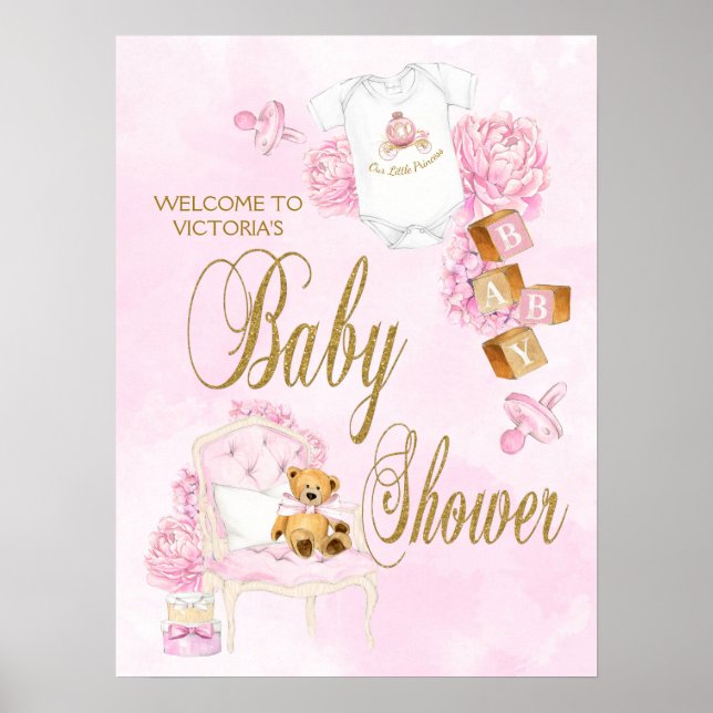 Flicka Vattenfärg Rosa Guld Bebis Shower Skylt (Framsidan)