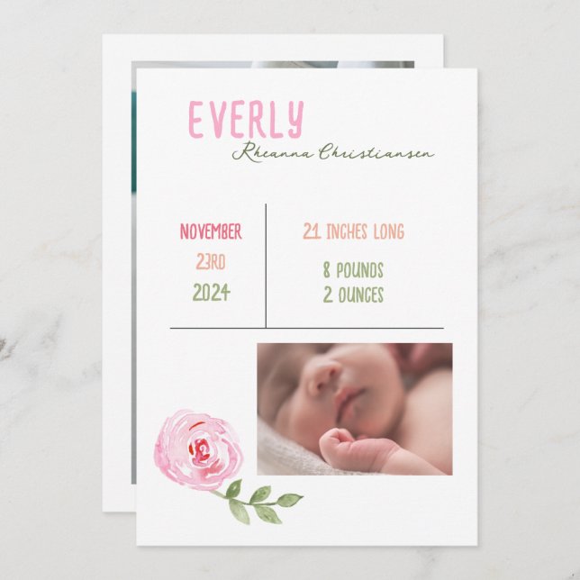 Flicka vattenfärgsblomma Födelsemeddelande (Fram/baksida)