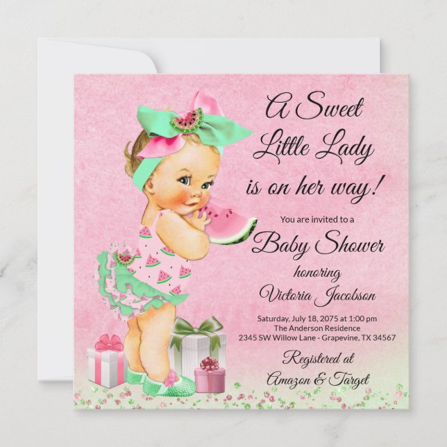 Flicka Vattenmelon Baby Shower Inbjudningar (Framsida)