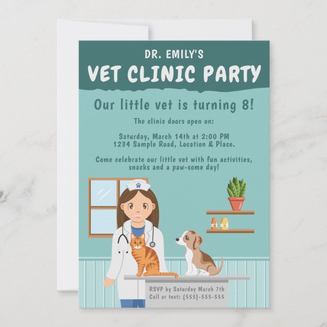 Flicka Veterinär Djurklinik Barnkalas Inbjudningar (Framsida)
