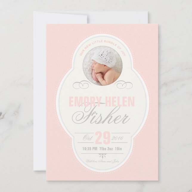 Flicka Vintage Ram - Födelsemeddelande - Rosa Meddelande (Framsida)