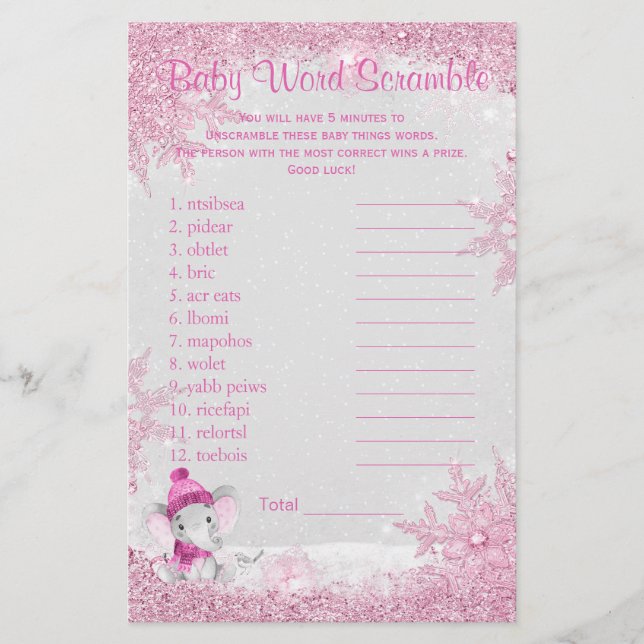 Flicka Vinter Elefant Baby Shower Spel Flyer (Framsidan)