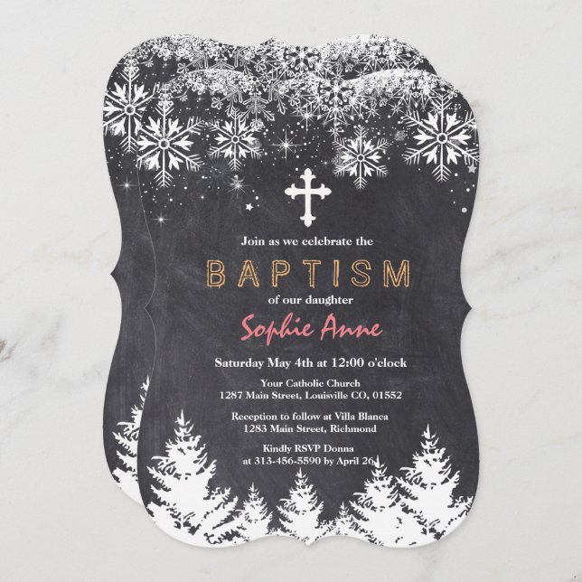 Flicka Vinter Högtid Snöflingor Kritbräda Dop Inbjudningar (Fram/baksida)