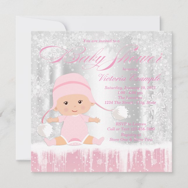 Flicka Vinter Värld Snö Baby Shower Inbjudan (Framsida)