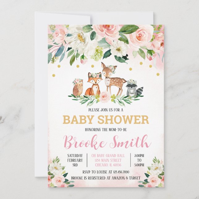Flicka Woodland Baby Shower Inbjudan (Framsida)