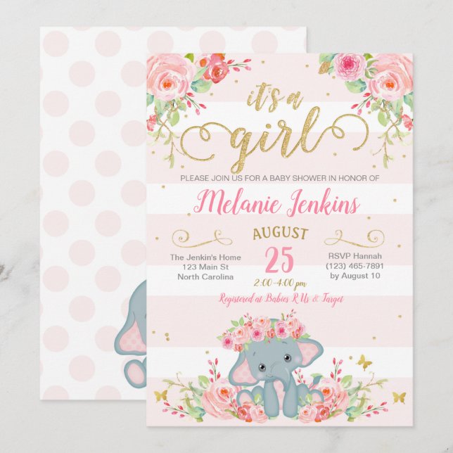 Flickababy showerinbjudan, elefantbaby shower inbjudningar (Fram/baksida)