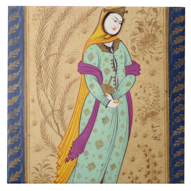 Flickainnehav en vinskyttel och en pear, från laen kakelplatta (Framsidan)