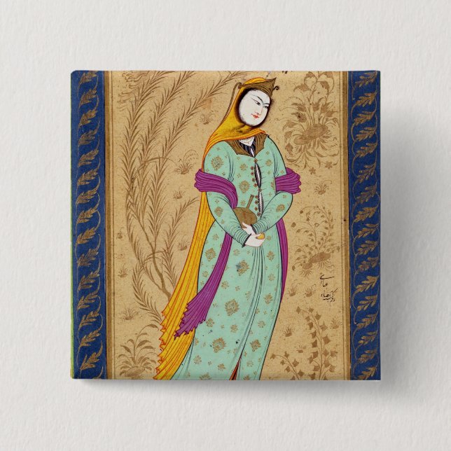 Flickainnehav en vinskyttel och en pear, från laen knapp (Framsida)