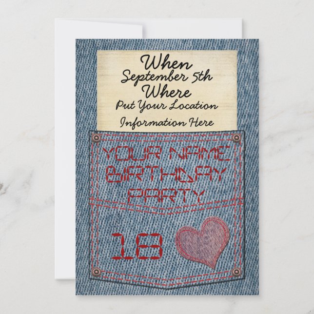 Flickajeans stoppa i fickan födelsedagsfest inbjudningar (Baksida)