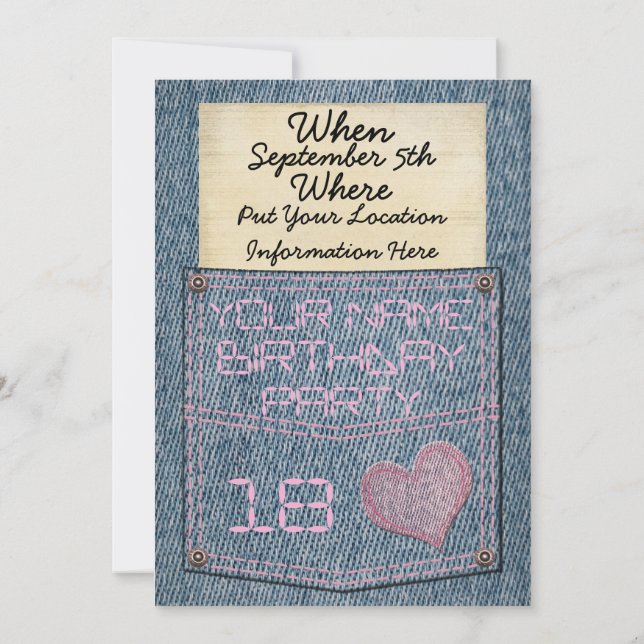 Flickajeans stoppa i fickan födelsedagsfest inbjudningar (Baksida)