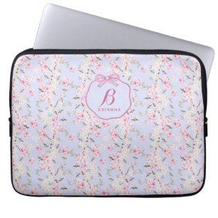 Flickaktig Blommig Blå Rosa Slöja Coquette Monogra Laptop Fodral