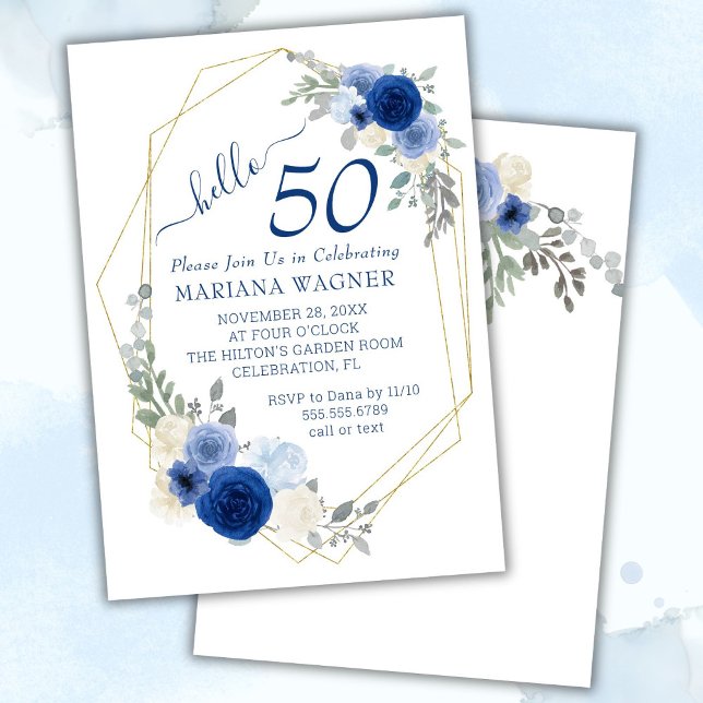 Flickaktig Chic Marinblå Blommig 50-årsdag Inbjudningar (Skapare uppladdad)