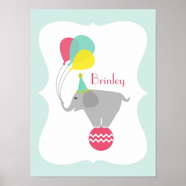 Flickaktig Elefant + Ballonger Barnkammarens Konst Poster (Framsidan)