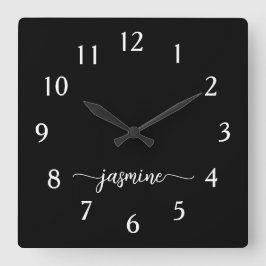 Flickaktig minimalistisk monogramnamn skrift svart fyrkantig klocka