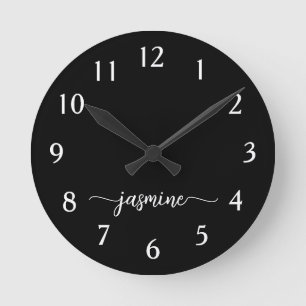 Flickaktig minimalistisk monogramnamn skrift Svart Rund Klocka
