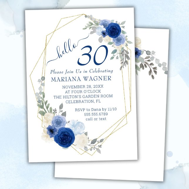Flickaktig Navyblå Blommig 30-års Födelsedag Inbjudningar (Skapare uppladdad)