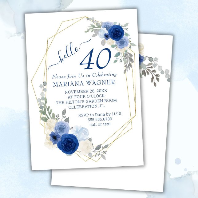 Flickaktig Navyblå Blommig 40-årsdag Inbjudningar (Skapare uppladdad)