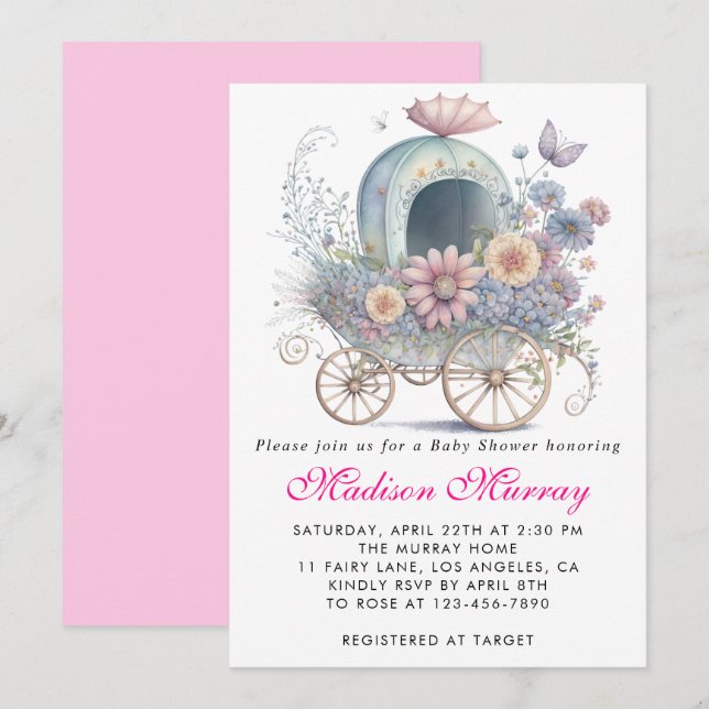 Flickaktig rosa blommig barnvagn Baby Shower Inbjudningar (Fram/baksida)