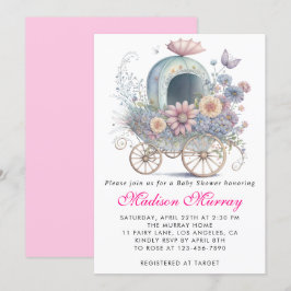 Flickaktig rosa blommig barnvagn Baby Shower Inbjudningar