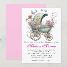 Flickaktig rosa blommig barnvagn Baby Shower Inbjudningar