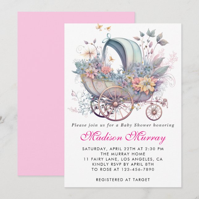 Flickaktig rosa blommig buggy barnvagn Baby Shower Inbjudningar (Fram/baksida)
