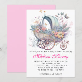 Flickaktig rosa blommig buggy barnvagn Baby Shower Inbjudningar