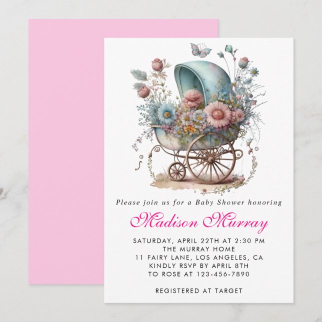 Flickaktig rosa blommig buggy barnvagn baby shower inbjudningar (Fram/baksida)