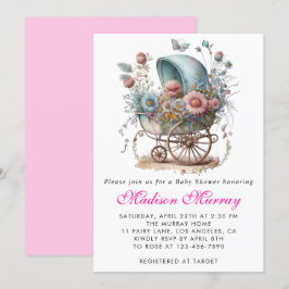 Flickaktig rosa blommig buggy barnvagn baby shower inbjudningar
