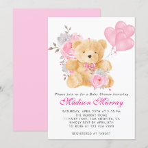 Flickaktig rosa blommig teddybjörn baby shower