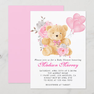 Flickaktig rosa blommig teddybjörn baby shower inbjudningar