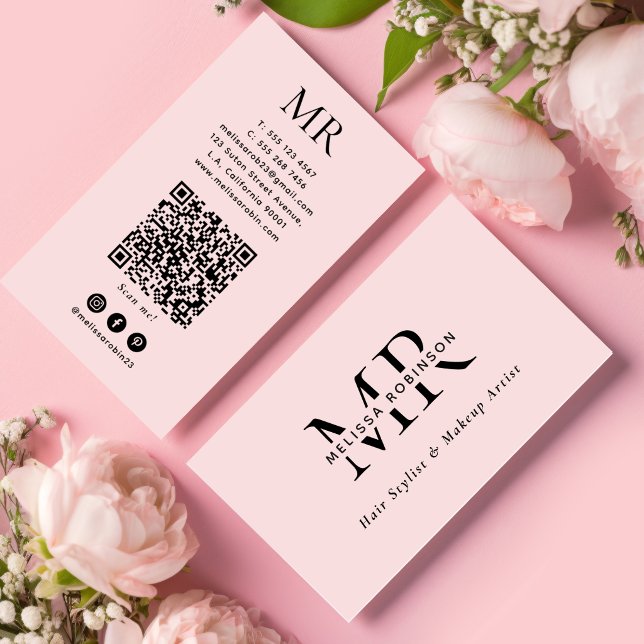 Flickaktig Rosa Hårstylist Monogram QR-kod Visitkort (Skapare uppladdad)