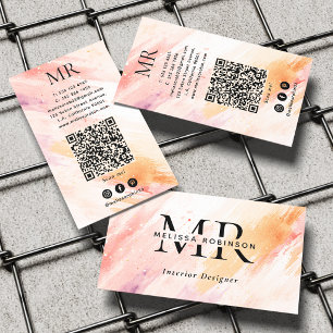 Flickaktig Vattenfärg Mönster Monogram & QR-kod Visitkort