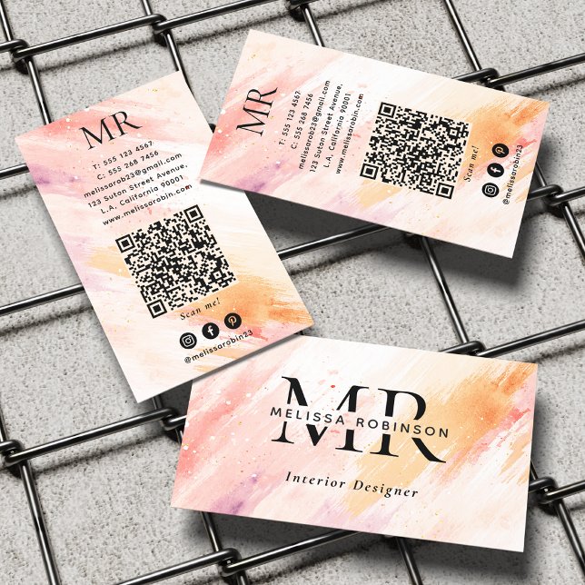 Flickaktig Vattenfärg Mönster Monogram & QR-kod Visitkort (Skapare uppladdad)