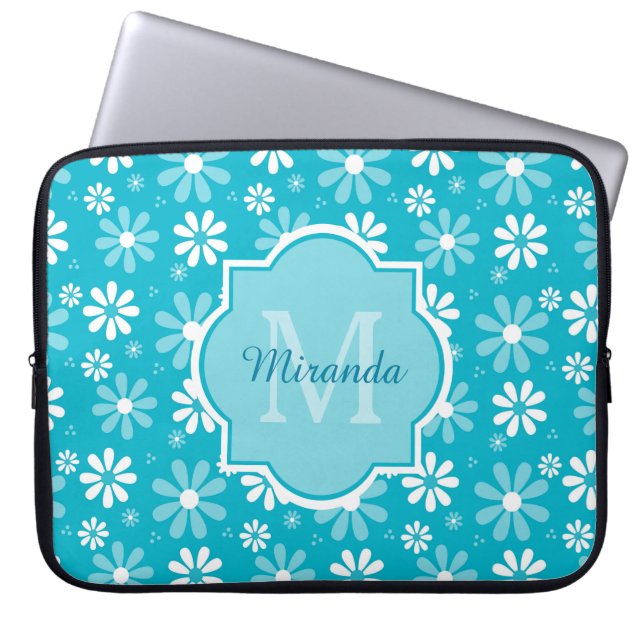 Flickaktigt blommar Monogramturkosdaisyn med namn Laptop Sleeve (Framsidan)