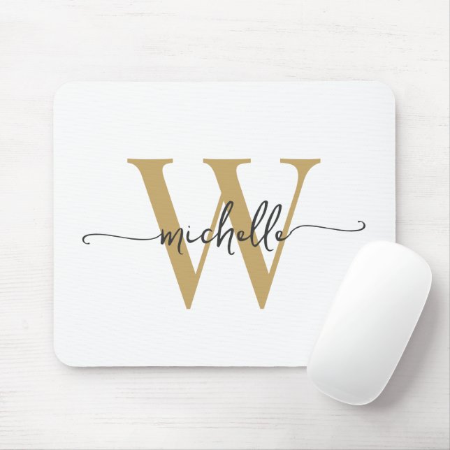 Flickaktigt Elegant Vitt Guld Monogram Namn Script Musmatta (Med mus)