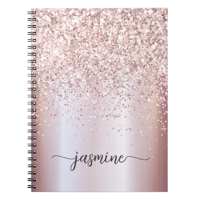 Flickaktigt Glamös Rosa Guld Glitter Monogram Namn Anteckningsbok (Framsidan)