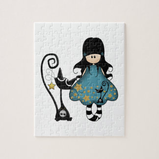 Flickaktigt Goth flicka med den svart katten Pussel