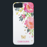 Flickaktigt guld- fjäril/chic vattenfärgblommigt<br><div class="desc">Themed iphone case för kvinnlig fjäril som presenterar den ursnygga illustrationen av vattenfärgrodnad- och shock rosablommor och en para av invecklade guld- fjärilar</div>