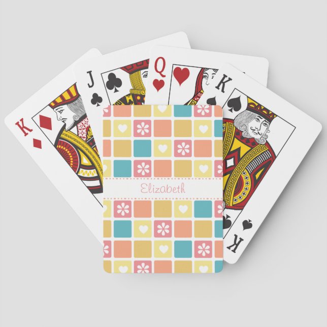 Flickaktigt kvadrerar hjärta Retro daisyblommor Spelkort (Baksidan)