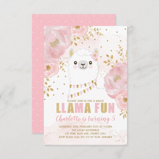 Flickaktigt party för Alpaca för Llamafödelsedag Inbjudningar (Fram/baksida)