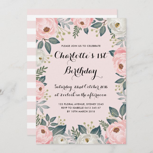 Flickaktigt rosa & alabaster- blom- inbjudningar (Fram/baksida)