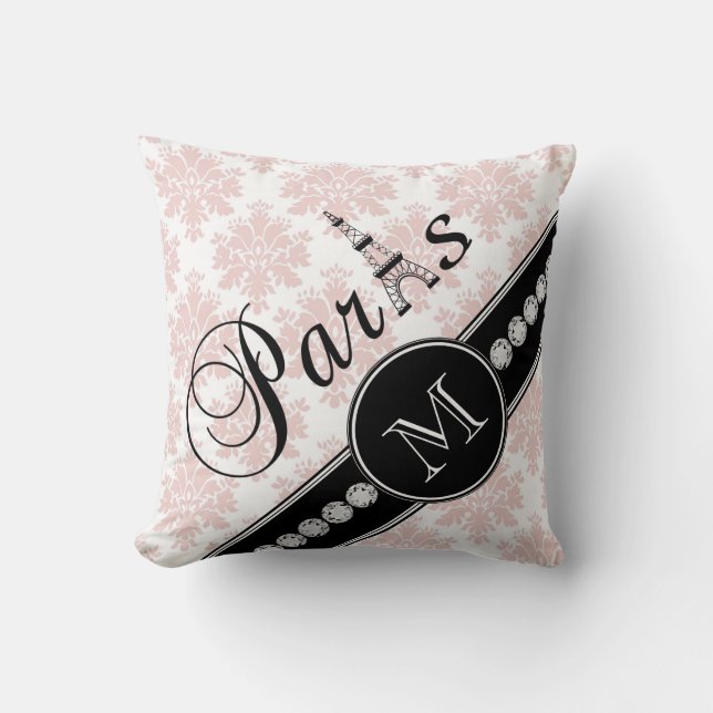 Flickaktigt rosa damastsvartParis Monogram Kudde (Framsida)