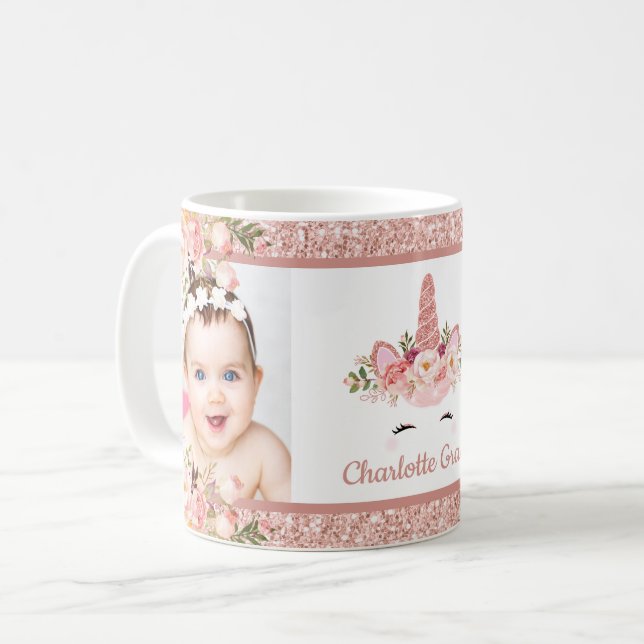 Flickaktigt rosa guld- blom- Unicorn Kaffemugg (Framsida vänster)