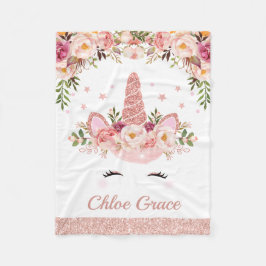 Flickaktigt rosa guld- Unicorn/blom- vattenfärgro Fleecefilt