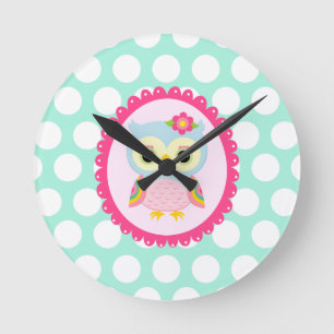 Flickaktigt rosa polka dots för ugglablomma- & rund klocka