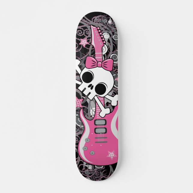 Flickaktigt skalle med den rosa gitarren old school skateboard bräda 18 cm (Framsida)